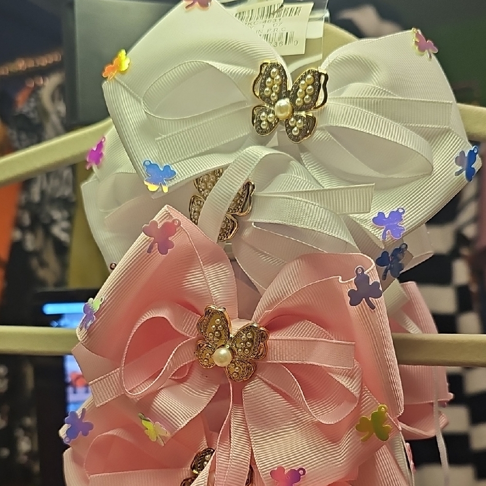 Butterfly Embellished Pink and White Hair Bows